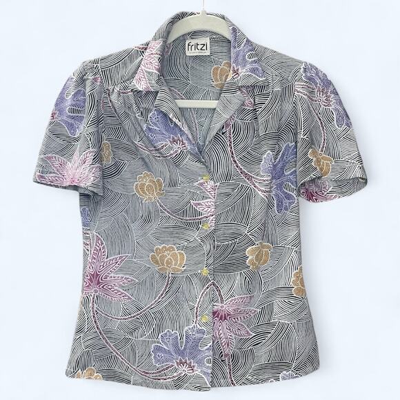 Vintage 70s Fritzi Black Floral Blouse | Short Sleeve Button-Up | Women’s XS–S - Picture 1 of 8